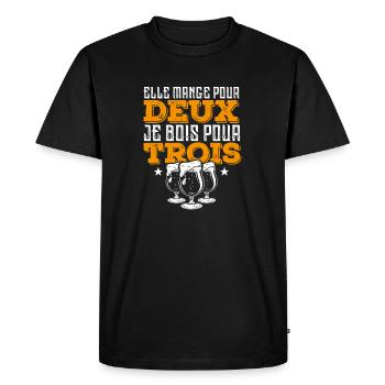Humour alcool | Elle mange pour 2 je bois pour 3 - T-shirt Premium bio Homme - noir - Devant - Nico (187cm)