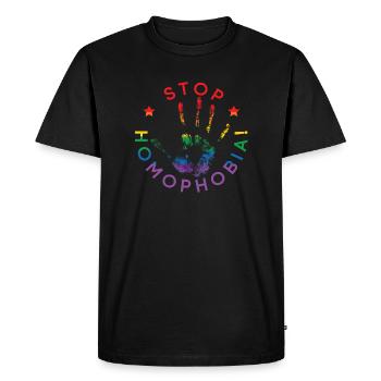 Le drapeau LGBT colore l’empreinte de la main arrête l’homophobie signe - T-shirt Premium bio Homme - noir - Devant - Nico (187cm)