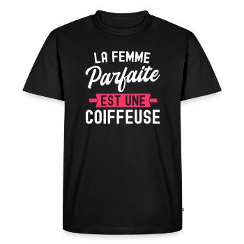 La femme parfaite est coiffeuse / humour coiffeuse - T-shirt Premium bio Homme - noir - Devant - Nico (187cm)