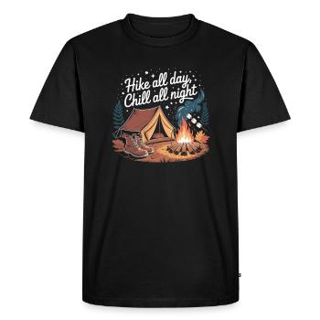 Hike All Day, Chill All Night – Camping Adventure - Men's Premium Organic T-Shirt - black - Front - Nico (187cm)
