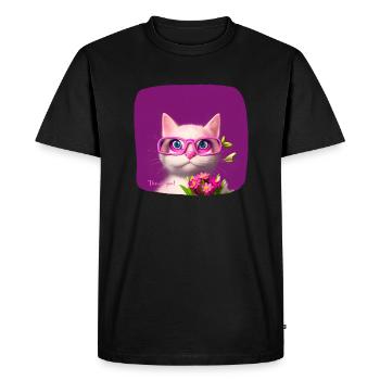 Chat dans des lunettes tendant des fleurs - T-shirt Premium bio Homme - noir - Devant - Nico (187cm)