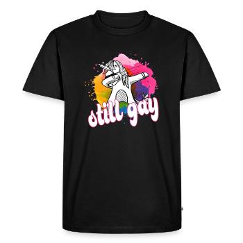Cool dabbing unicorn: Still gay! - Men's Premium Organic T-Shirt - black - Front - Nico (187cm)
