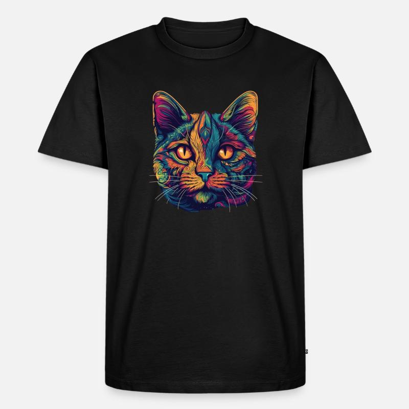Psychedelisches Katzengesicht mit bunten Mustern - Männer Premium Bio T-Shirt - Schwarz