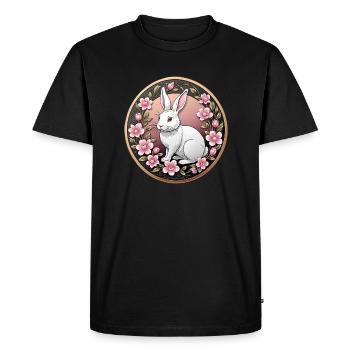 Fancy coin white rabbit among pink flowers - Men's Premium Organic T-Shirt - black - Front - Nico (187cm)