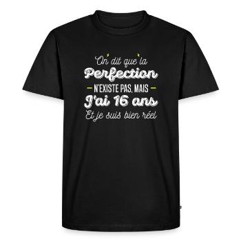 perfection 16 ans / cadeau anniversaire 16 ans - T-shirt Premium bio Homme - noir - Devant - Nico (187cm)