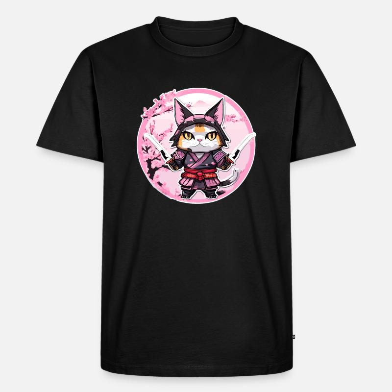 Samurai Katze & Kirschblüten #1 - Männer Premium Bio T-Shirt - Schwarz