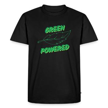 Green powered text with a leaf icon - Men's Premium Organic T-Shirt - black - Front - Nico (187cm)