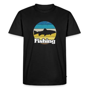 Retro Style Print "Fishing" - Men's Premium Organic T-Shirt - black - Front - Nico (187cm)