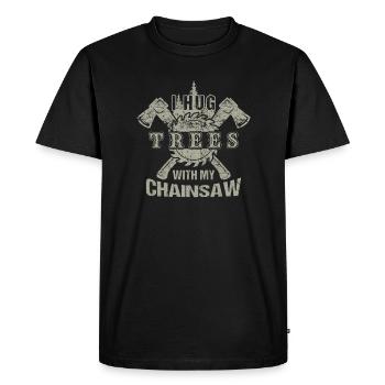 Bûcheron, je serre les arbres avec ma tronçonneuse. - T-shirt Premium bio Homme - noir - Devant - Nico (187cm)