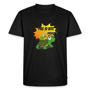 Tortue et escargot : "Pas si vite Frérot" - T-shirt Premium bio Homme - noir - Devant - Nico (187cm)