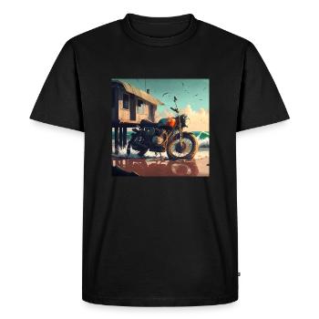 Moto au bord de la mer et d'une cabane - T-shirt Premium bio Homme - noir - Devant - Nico (187cm)