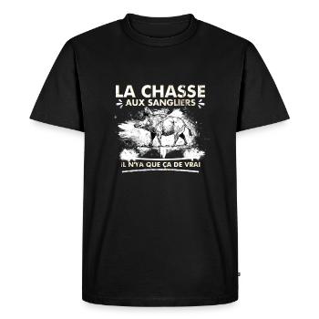 Chasse Sanglier - t-shirt chasseur sanglier - T-shirt Premium bio Homme - noir - Devant - Nico (187cm)