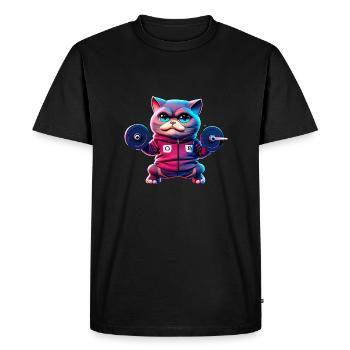 cute funny cat illustration lifting weight workout - Men's Premium Organic T-Shirt - black - Front - Nico (187cm)