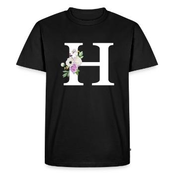 Purple floral letter h - Men's Premium Organic T-Shirt - black - Front - Nico (187cm)