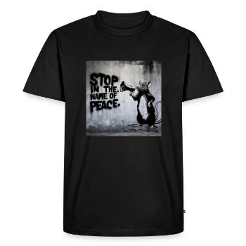 Echoes of Rebellion: Rat Stencil Tee. STOP war - Men's Premium Organic T-Shirt - black - Front - Nico (187cm)
