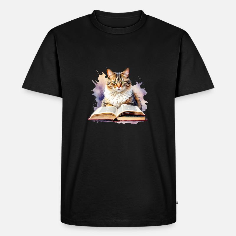 Katze mit Buch - Männer Premium Bio T-Shirt - Schwarz