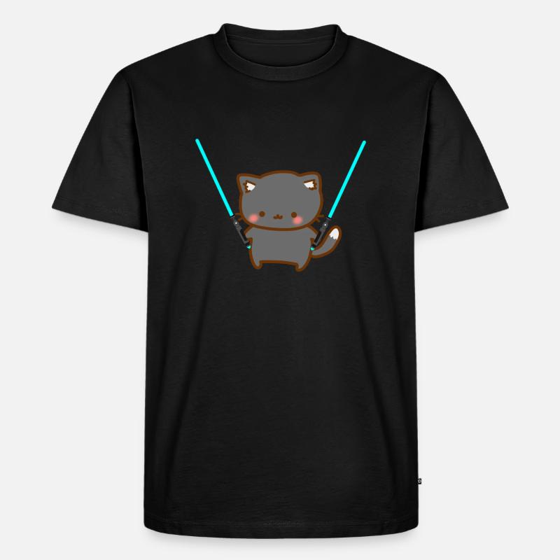 Süße Katze mit blauen Lichtschwertern - Männer Premium Bio T-Shirt - Schwarz