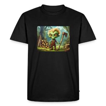 cute little green retro alien is woodcutting - Men's Premium Organic T-Shirt - black - Front - Nico (187cm)