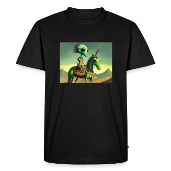 cute little green retro alien riding a horse - Men's Premium Organic T-Shirt - black - Front - Nico (187cm)