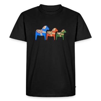 3 chevaux Dala alignés en orange, bleu et vert - T-shirt Premium bio Homme - noir - Devant - Nico (187cm)