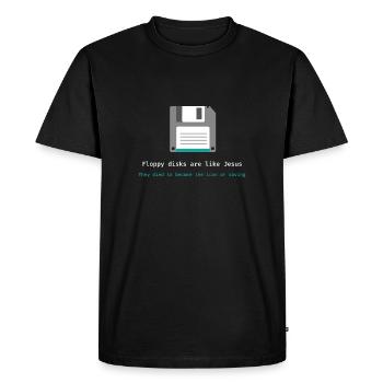 Floppy disks are like Jesus - nerd, gamer - Men's Premium Organic T-Shirt - black - Front - Nico (187cm)