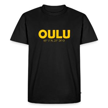 Oulu - Finlande - Coordonnées - Longitude Latitude - T-shirt Premium bio Homme - noir - Devant - Nico (187cm)