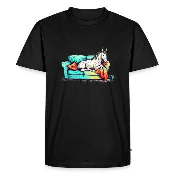 Unicorn Chills as a lazy animal on the sofa - Men's Premium Organic T-Shirt - black - Front - Nico (187cm)