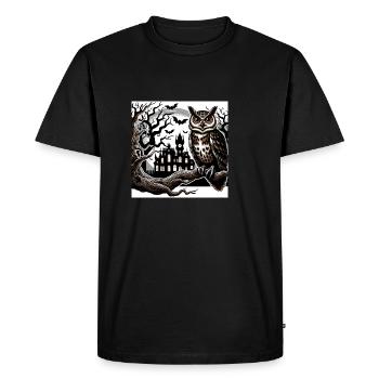 Hibou Halloween et château hanté - T-shirt Premium bio Homme - noir - Devant - Nico (187cm)