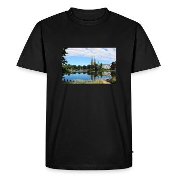 idyllic lake with church - Men's Premium Organic T-Shirt - black - Front - Nico (187cm)