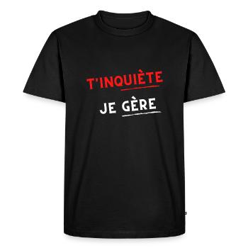 T inquiète je gère - rouge et blanc - T-shirt Premium bio Homme - noir - Devant - Nico (187cm)