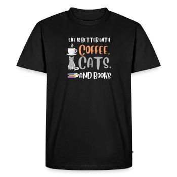 Life is better with a Coffee Cats and Books Cat - Men's Premium Organic T-Shirt - black - Front - Nico (187cm)
