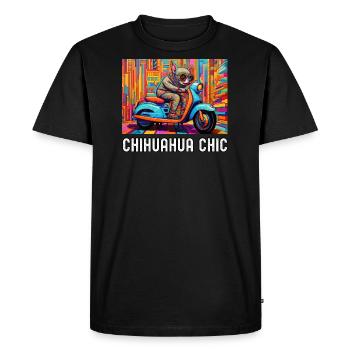 Chihuahua Riding a Colorful Scooter on Pattern - Men's Premium Organic T-Shirt - black - Front - Nico (187cm)