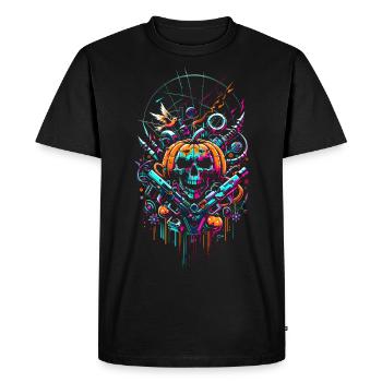 Cyber Skull Revolt: Neon Rebel Essence - Männer Premium Bio T-Shirt - Schwarz - Vorne - Nico (187cm)