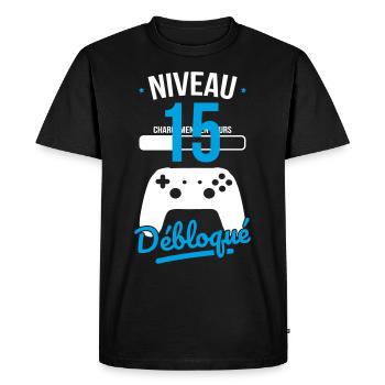 Anniversaire 15 ans - Niveau 15 débloqué - Gamer - T-shirt Premium bio Homme - noir - Devant - Nico (187cm)