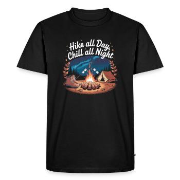 Hike All Day, Chill All Night – Camping Adventure - Men's Premium Organic T-Shirt - black - Front - Nico (187cm)