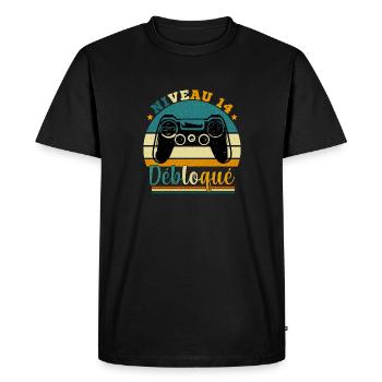 Niveau 14 Débloqué - Gamer Anniversaire 14 ans - T-shirt Premium bio Homme - noir - Devant - Nico (187cm)