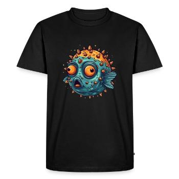 Drôle de poisson-globe avec des épines qui plissent les yeux - T-shirt Premium bio Homme - noir - Devant - Nico (187cm)
