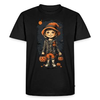Retro Halloween Art Kid with Jack O'Lantern - Men's Premium Organic T-Shirt - black - Front - Nico (187cm)