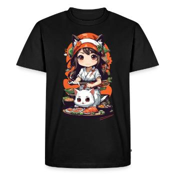 Kawaii Anime Sushi Kemomimi Master with Cat - Men's Premium Organic T-Shirt - black - Front - Nico (187cm)