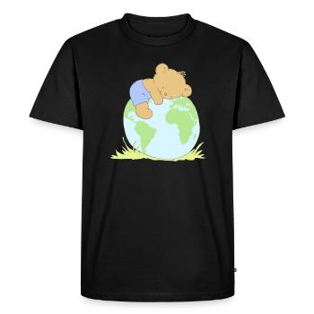 Cute Teddy Bear hugging world globe. - Men's Premium Organic T-Shirt - black - Front - Nico (187cm)