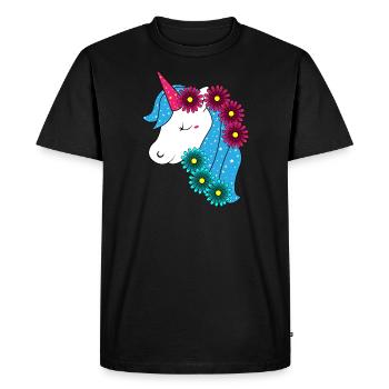 Grande licorne avec de jolies fleurs - T-shirt Premium bio Homme - noir - Devant - Nico (187cm)