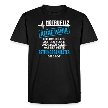 Paramedic, Emergency 112 not panic - Men's Premium Organic T-Shirt - black - Front - Nico (187cm)