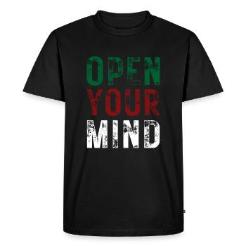 OPEN YOUR MIND – color green, red, white - Men's Premium Organic T-Shirt - black - Front - Nico (187cm)