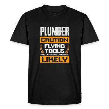 Attention Installateur d’outils volants Humour - T-shirt Premium bio Homme - noir - Devant - Nico (187cm)