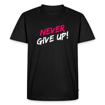 "Never Give Up!" Motivation in pink and white - Men's Premium Organic T-Shirt - black - Front - Nico (187cm)