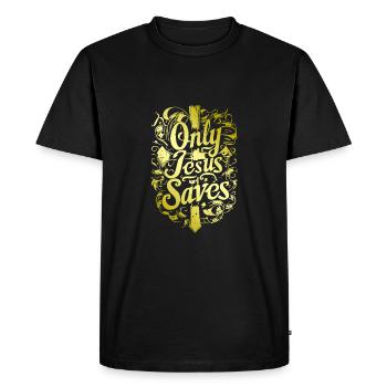 Only Jesus Christ Saves Bible Verse Proverb Faith - Men's Premium Organic T-Shirt - black - Front - Nico (187cm)