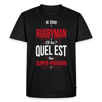 Je suis rugbyman - Super-pouvoir - T-shirt Premium bio Homme - noir - Devant - Nico (187cm)