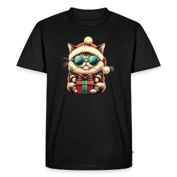 Cool Cat Santa Hat Holding Xmas Present - Men's Premium Organic T-Shirt - black - Front - Nico (187cm)