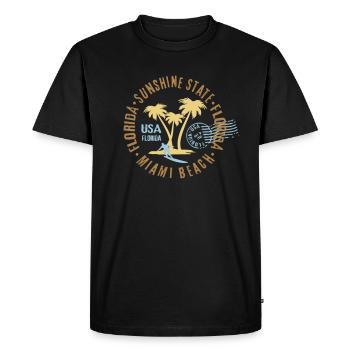 Miami Beach, Floride, palmiers, surf, timbre surfeur - T-shirt Premium bio Homme - noir - Devant - Nico (187cm)