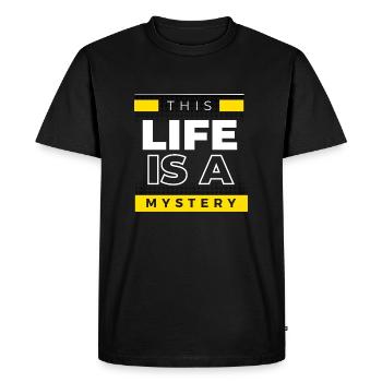 La vie est un mystère - Avec des rayures jaune vif - T-shirt Premium bio Homme - noir - Devant - Nico (187cm)